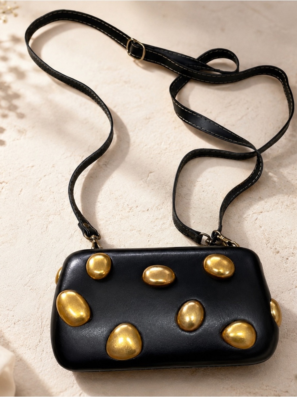 Black Studded Clutch Crossbody Bag Removable Adjustable Strap Magnetic Closure